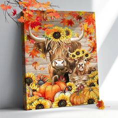 an image of a cow with sunflowers and pumpkins