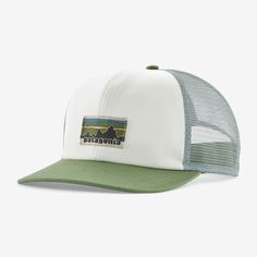 Featuring a brim made with Bureo’s fully traceable NetPlus® 100% recycled fishing nets, our classic mid-crown trucker hat features an organic cotton front, a recycled polyester-mesh back and an adjustable snap closure. Made in a Fair Trade Certified™ factory. | Patagonia Relaxed Trucker Hat in Birch White - Trucker Hats & Caps - Organic Cotton/Recycled Polyester/Pfas Mountain Hats, Patagonia Cap, Patagonia Hat, Mountain Hat, 50% Logo, Crown Hat, Fishing Nets, Trucker Hats, Trucker Cap