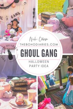 ghoul gang halloween party with balloons, cake and other things to make it look like