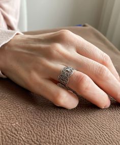 "925 Sterling Silver Filigree Art Band Ring Super Light Handcrafted Flower Design Band Ring Perfect Gift Option for Her Band width is 0.35\" / 8.9 mm This metal embroidery filigree ring is oxidized and highly polished. Comes with velvet pouch and luxurious gift box. Filigree is made of delicate metal strands that have been skillfully fashioned to create an outstanding combination of old and modern art. Originating in Mesopotamia, Anatolia. It is made of delicate metal strands that have been skil Elegant Engraved Open Flower Ring, Elegant Silver Filigree Flower Ring, Silver Filigree Open Ring, Silver Filigree Flower Ring As Gift, Silver Filigree Flower Ring Gift, Silver Filigree Flower Ring For Anniversary, Silver Open Flower Ring Fine Jewelry, Elegant Engraved Silver Flower Ring, Silver Flower Ring With Intricate Design For Anniversary