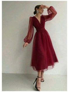 Gorgeous A-Line V Neck Long Sleeves Burgundy Black Tulle Tea Length Prom Evening Dresses,708 on Storenvy Long Sleeved Dress Midi, Symphony Dress, Tea Length Prom Dress, Clothing Reference, Strawberry Dress, V Neck Prom Dresses, Evening Party Gowns, Guest Attire, Custom Size Dresses