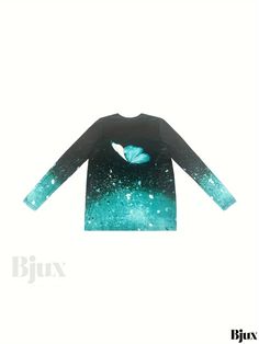 Bjux - Exquisite Butterfly Print Crew Neck T-Shirt: Elegant Long Sleeve Casual Top, Perfect for Spring & Fall - Womens Fashion Apparel Shiny Butterfly, Autumn Fashion Women, Casual Top, Fall Outfits Women, Butterfly Print, Long Sleeve Casual, Spring And Fall, Blue Sea, Types Of Printing