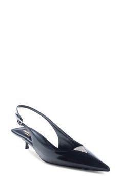 This forever-chic slingback pump is modestly elevated by a barely there kitten heel and not-so-modestly with a triangle inset of crystal pavé at the pointy toe. 1 1/4" (32mm) heel (size 36) Adjustable slingback strap with buckle closure Leather upper, lining and sole Made in Italy Designer Shoes Luxury 4-inch Slingback Kitten Heels, Luxury Slingback Kitten Heels With 4-inch Heel, Designer Slingback Pumps With Pointed Toe For Evening, Elegant Pointed Kitten Heels For Formal Occasions, Modern 4-inch Kitten Heels For Evening, Designer Pointed Toe Slingback Pumps For Gala, Designer Slingback Pumps With Pointed Toe For Gala, Chic Evening Kitten Heels With Pointed Toe, Elegant Pointed Slingback Pumps For Formal Occasions