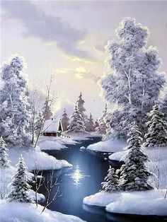 a painting of snow covered trees and a stream in the middle of it with a sky background