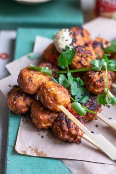 chicken skewers with cilantro and parsley garnish on top