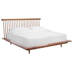 a bed with wooden slats and white sheets on it's headboard, against a white background