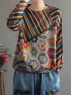 Fall Patchwork V-neck Blouse, Multicolor Print V-neck Top For Fall, Fall Layering Blouse With Crew Neck, Spring V-neck Sweater With Patchwork, Casual Patterned Long Sleeve Tops, Spring Patchwork V-neck Sweater, Spring V-neck Patchwork Sweater, Casual Long Sleeve Patchwork Sweater, Casual V-neck Patchwork Top