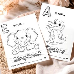 two coloring pages with the letter e and an elephant on them, sitting next to each other