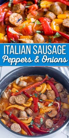 Skillet on stove top with slices of Italian sausage, peppers and onions with Pinterest overlay Easy Italian Food For A Crowd, Sausage And Peppers Italian Style, Crockpot Meals With Italian Sausage, Crock Pot Chicken Sausage Recipes, Freezer Sausage And Peppers, Crock Pot Italian Sausage And Peppers, Sweet Sausage Recipes Crock Pots, Sausage Peppers Onions And Potatoes Crockpot, Crockpot Italian Sausage And Peppers