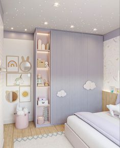 a child's bedroom with pink and white decor, including a bookcase on the wall