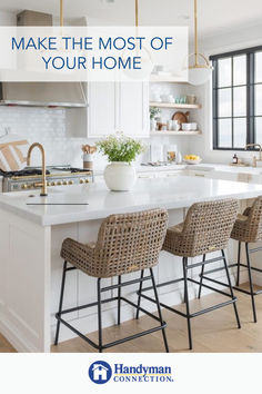 a kitchen with white counter tops and wicker bar stools