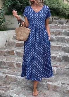 Color:Dark Blue;Size:S;Size:M;Size:L;Size:XL;Size:XXL;Package Contents:1 X Dress;Occasion:Other;Style:Bohemian; Casual Summer Dresses For Women Over 50, Moda Safari, Blue A Line Dress, European Cruise, 60 Outfits, Dots Clothing, Women's A Line Dresses, Queen Fashion, Modest Clothing