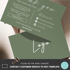 two green business cards with the words love on them