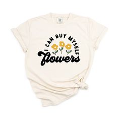 Looking for a cute versatile top to wear this summer? Make sure to grab one of our I Can Buy Myself Flowers garment dyed graphic tees! This soft and comfortable graphic tee is the perfect top for any outfit. It can be paired with biker shorts, jeans, or even a simple skirt/dress! This tee is true-to-size, so be sure to order your regular t-shirt size! If you are looking for a more oversized look, make sure to size up! Cream Graphic Tee For Spring, Soft-washed Cream Top For Spring, Spring Soft-washed Cream Top, Spring Cream Soft-washed Tops, Spring Cream Soft-washed Top, Cream Tops With Screen Print For Spring, Spring Cream Top With Screen Print, Acid Wash Cotton Slogan Top, Acid Wash Cotton Top With Slogan