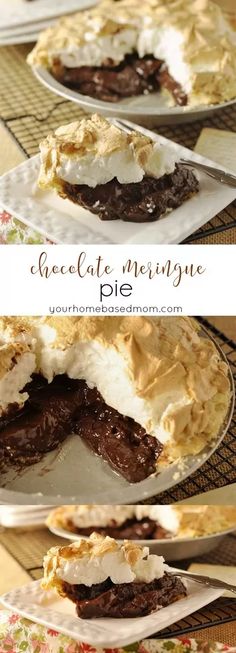 chocolate meringue pie is cut into pieces