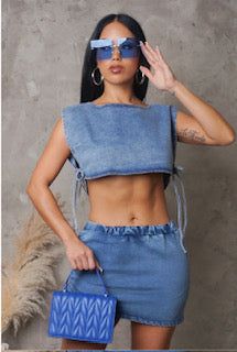 Blue denim two piece skirt set 100% Poly. Denim Two Piece Set, Chic Denim Top For Night Out, Casual Blue Denim Skirt For Night Out, Fitted Denim Skirt For Night Out In Spring, Trendy Blue Sets For Spring, Trendy Blue Spring Sets, Blue Denim Skirt For Night Out In Spring, Chic Blue Stretch Denim Skirt, Summer Denim Blue Skirt For Night Out