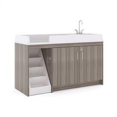 an image of a bathroom vanity with sink and cabinet in grey wood finish on white background