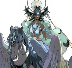 a woman sitting on top of a horse next to a bird and another person standing behind her