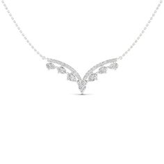 Timeless and elegant, this luxe necklace showcases a curving V pendant that shimmers with a top row of round diamonds and a bottom row of stunning pear-shaped diamonds. Crafted in cool 14K white gold, the necklace has a total diamond weight of 1 1/2 carats. The pendant suspends from an 18-inch cable chain that secures with a lobster clasp. V Pendant, V Necklace, White Gold Necklaces, Pear Shaped Diamond, Accessories Jewelry Necklace, 2 Carat, Cable Chain, Pear Shaped, Lobster Clasp