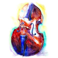 an artistic painting of a violin on a white background with blue and red colors in the foreground