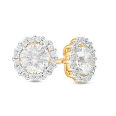 Express your affection with these dazzling diamond stud earrings. Crafted in 14K gold, each earring showcases a sparkling 3/8 ct. diamond wrapped in a shimmering frame of diamonds. Magnificent with 1 ct. t.w. of diamonds and a bright polished shine, these post earrings secure comfortably with friction backs. Diamond White Halo Earrings In Cubic Zirconia, Halo Diamond White Earrings In Cubic Zirconia, Dazzling Diamond Cluster Earrings With Halo, Dazzling Diamond Halo Cluster Earrings, Dazzling Diamond White Halo Diamond Earrings, Dazzling Diamond White Earrings With Halo Setting, Dazzling Halo Diamond White Diamond Earrings, Halo Diamond Earrings As Gift, Diamond Halo Earrings As Gift