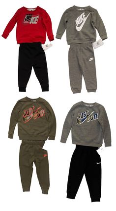 New with Tags Nike Baby/Toddlers Boy's Hooded or Non-Hooded Sweatshirt & Jogger Sweatpants Sets Regular & FRI-FIT FEATURES: Most sets were purchased as separate items and matched as sets, giving you a unique set instead of mass produced pre-made one MSRP: $44.00 - $86.00 Get your top quality sets here!!! Green hoodie has no tags, but is new & in mint condition AVAILABLE SIZES: 12 Months = 29-31.5” / 22.5-25 Lb 18 Months = 31.5-34” / 25.5-28 Lb 24 Months = 34-36” / 28.5-30 Lb 2T = 1-2 Years 3T = 2-3 Years 4T = 3-4 Years 4 = 3-4 Years COLOR DESCRIPTION & FABRIC: 1) Blue "Nike Air" zip-up hoodie with pockets, plus Black joggers; 60% cotton 40% polyester 2) Black wavy grid zip-up track jacket with Black sleeves, pockets & Lime Green NIKE & swoosh, plus lightweight Black fleece lined joggers wi Nike Casual Loungewear Sets, Winter Sports Cotton Sets, Casual Winter Sports Sets, Nike Long Sleeve Loungewear Sets, Nike Long Sleeve Sports Sets, Nike Loungewear Sets, Casual Nike Sports Sets, Sporty Nike Winter Sets, Nike Sporty Winter Sets