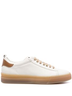 off-white/light brown calf leather grained texture round toe front lace-up fastening logo-debossed tongue pull-tab at the heel contrasting heel counter flat rubber sole branded leather insole leather lining Cream Low-top Sneakers With Leather Sole, Cream Leather Sneakers With Stitched Sole, Cream Leather Low-top Sneakers, Cream Low-top Leather Sneakers, Cream Leather Custom Sneakers With Contrast Sole, Custom Cream Leather Sneakers With Contrast Sole, Custom Cream Leather Sneakers With Vulcanized Sole, Cream Low-top Sneakers With Stitched Sole, Low-top Calf Leather Sneakers With Textured Sole