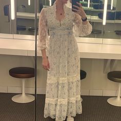 I Have A Few Gunne Sax And This Is Right On Par With Those. Same Exact Styling, Fit, Qualityit Is Not Tagged Other Than A Little One With Cleaning Instructions. It Could Have Been A Gunne Or Someone Handmade? Either Way It’s Beautiful And Gathered Many A Compliment At The Florence + The Machine Concert At The Alice Tully Theatre In Nyc! Cream With Blue Roses. Pit-To-Pit 18” Hollow 45.5 Waist 15.5” With Tie To Tighten (Empire) Full Length From Back Neck To Hem 54” Sleeve Length 24” Model Is 5’5” For Reference Cottage Core. Hippie. Renaissance. Cottage Core Vintage, Vintage Prairie Dress, Florence The Machines, Gunne Sax, Prairie Dress, Blue Roses, Modest Dresses, Blue Cream, Cottage Core