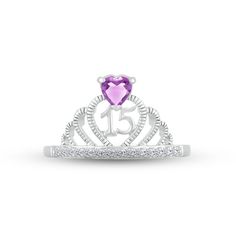 Make her feel majestic on her special day with this sparkly crown ring crafted in sterling silver. A heart-shaped amethyst – the birthstone of February – shines atop the design. The number 15 gleams inside the heart-shaped center, while a line of white lab-created sapphires shimmer on the band to finish the look. Elegant Jewelry With Center Stone For Birthday, Adjustable Purple Birthstone Ring For Anniversary, Sterling Silver Amethyst Ring For Valentine's Anniversary, Elegant Rings With Diamond Accents For Birthday, Elegant Silver Rings For Birthday, Purple Birthstone Ring With Diamond Accents For Anniversary, Elegant Birthstone Ring For Birthday With Center Stone, White Gold Rings For Valentine's Day Birthday, White Gold Rings For Birthday And Valentine's Day