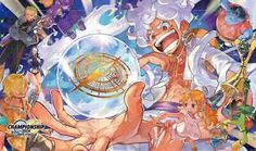 an anime character holding a crystal ball with other characters around it