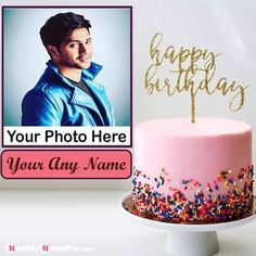 a pink birthday cake with sprinkles and a happy birthday photo on it