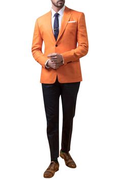 Orange blazer jacket with front flap pocket.
Components:1
Neckline:Peak lapel collar
Sleeve Length:Full
Fabric:Linen
Color:Orange
Welt pocket
Closure:Front button
Note: The neck tie, pocket square, shirt and pants worn by the model are not for sale. - Aza Fashions Formal Orange Outerwear With Notch Lapel, Formal Orange Notch Lapel Outerwear, Fitted Orange Outerwear With Notch Lapel, Orange Notch Lapel Blazer For Work, Classic Orange Blazer For Workwear, Classic Orange Blazer For Work, Tailored Orange Single-breasted Blazer, Tailored Orange Blazer With Notch Lapel, Tailored Sport Coat With Lapel Collar And Pockets