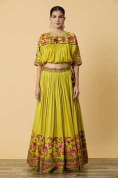 Yellow can can attached lehenga with thread embroidered blossom vine motifs embellished by sequins. Comes with kashmiri thread embroidered floral blouse and dupatta. - Aza Fashions Green Lehenga With Floral Embroidery For Navratri, Navratri Choli With Floral Embroidery, Pista Green Anarkali Set With Floral Embroidery For Reception, Pista Green Sets With Floral Embroidery In Traditional Drape, Green Choli With Floral Embroidery In Traditional Drape, Floor-length Art Silk Choli With Floral Embroidery, Pista Green Sets With Floral Embroidery And Traditional Drape, Designer Floral Embroidered Choli For Festivals, Green Choli With Floral Embroidery And Traditional Drape