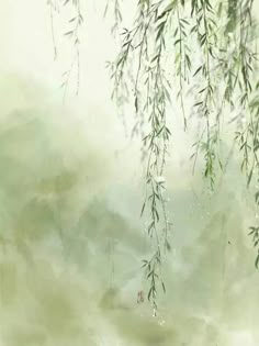 watercolor painting of green leaves and branches on a white background with light blue hues