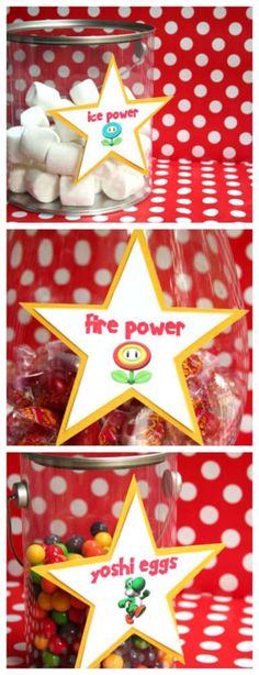 two jars filled with candy sitting on top of a red and white polka dot table cloth