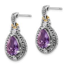 Elevate your style with these exquisite Sterling Silver Gold Diamond Amethyst Earrings. Crafted from high-quality sterling silver, these earrings feature intricate detailing with a touch of elegance. The addition of 14k yellow gold accents adds a luxurious and sophisticated look to the design.Each earring is adorned with a sparkling diamond and a stunning amethyst gemstone, adding a pop of color and brilliance to your ensemble. The average weight of these earrings is 3.79 grams, making them lightweight and comfortable to wear all day long. The width of each earring is 13mm, making them the perfect size to make a statement without being too overpowering.Whether you're dressing up for a special occasion or adding a touch of glamour to your everyday look, these Sterling Silver Gold Diamond Am Purple Diamond, Diamond Dangle Earrings, Purple Stones, Antique Diamond, Amethyst Earrings, Fine Jewelry Gift, Fine Jewellery Earrings, Amethyst Gemstone, Selling Jewelry