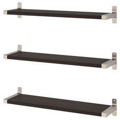 two black shelves with metal brackets on each shelf