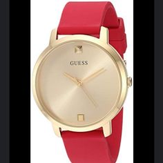 Will Require New Battery Featuring A Polished Gold-Tone Case, This Dress Watch By Guess Is Accented With A Red Silicone Strap And A Champagne Dial With A Genuine Diamond 12 Marker, Making It The Perfect Gift Or Self-Purchase! Product Details 1 Diamond Buckle Closure Analog Dial Quartz Movement Round Case Polished Finish 30 M Water Resistance Imported Product Specifications Approx 44 Mm Case Size, 44 Mm X 44 Mm X 10 Mm Material & Care Silicone Strap Gold-Tone Metal Clean With A Soft Bristle Brush Bristle Brush, Soft Bristle Brush, Dress Watch, Gold Tone Metal, Quartz Movement, Red Gold, Accessories Watches, Gold Tones, Women Accessories