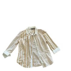 New York And Company Striped Button Down Shirt Cuffed Sleeve Size Large Nwt Yellow And White Stripes Brand New Button-up Shirt With Striped Collar For Day Out, Day Out Button-up Shirt With Striped Collar, Day Out Shirt With Striped Collar Button-up, Spring Striped Collar Button-up Shirt, Spring Button-up Shirt With Striped Collar, Beige Top With Striped Collar For Spring, Beige Spring Top With Striped Collar, Striped Collar Button-up Blouse In Relaxed Fit, Casual Blouse With Striped Collar For Day Out