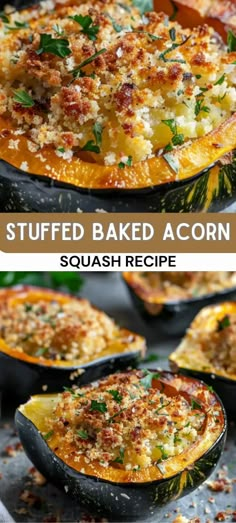 stuffed baked acorn squash recipe in a cast iron skillet and topped with parmesan cheese