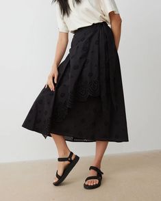 Broderie Black Midi Skirt | Oliver Bonas US Black Lace Midi Skirt, Lace Midi Skirt, Cotton Midi Skirt, Wedding Hair Clips, Tie Wrap, Floral Shirt Dress, Oliver Bonas, Black Midi, Black Midi Skirt