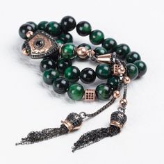 Green Stone Tasbih with 925 SILVER Tassel Muslim Prayer Beads Islamic Tiger eye Rosary Luxury Green Beaded Jewelry, Luxury Green Round Bead Bracelets, Luxury Green Beaded Bracelets For Gift, Bead Letters, Green Tiger Eye, Muslim Prayer, Tiger Eye Beads, Letter Beads, Green Gemstones