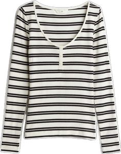 Cotton Ribbed Top With Henley Neckline, Classic Striped Tops For Layering, Everyday Ribbed Henley Tops, Everyday Ribbed Henley Neckline Tops, Classic Henley Neckline Top For Layering, Ribbed Striped Tops For Workwear, Striped Ribbed Top For Workwear, H&m Spring Layering Tops, H&m Tops For Spring Layering