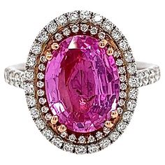 4.56 Total Carat Oval Pink Sapphire and Diamond Double Halo Pave-Set Ladies Ring. GIA Certified. -Metal Type: Platinum, 18K Rose Gold -3.61 Carat Oval Cut Natural Sapphire, GIA Certified -Sapphire Color: Pink -Sapphire Measurements: 11.37 x 8.63 x 4.15 mm -0.95 Carat Side Round Natural side Diamonds. E-F Color, VS Clarity -Size 6.0 Made in New York City. Diamond Bracelet Design, Jewelry Words, Ladies Ring, Sapphire Color, Double Halo, Natural Sapphire, Sapphire Diamond, Pink Sapphire, Jewelry Designs