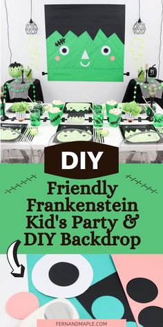 a table with green and black decorations on it, and the words diy friendly frankens