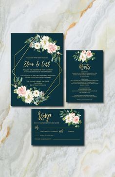 three wedding cards with flowers and gold foil on them, sitting on a marble surface