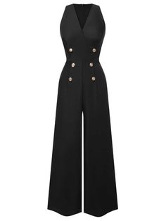 BLACK 1950S SLEEVELESS BUTTONED SOLID JUMPSUIT Style Vert, Formal Dress Patterns, Jumpsuit Outfits, Solid Jumpsuit, Dress Patterns Free, Next Dresses, Vogue Dress, Standard Dress, Pink Jumpsuit