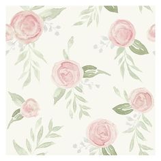 watercolor roses and green leaves on white background for wallpaper or fabric, this is an illustration