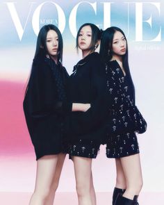 three young women standing next to each other in front of a magazine cover with the word voche on it