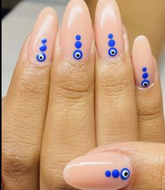 Spring Evil Eye Nails, Yellow Evil Eye Nails, Nail Design With Evil Eye, Evil Eye Manicure Nail Designs, Hot Pink Evil Eye Nails, Greek Eye Nails Designs, Almond Nails Designs Evil Eye, Ojo Nail Design, Greek Eye Nail Art